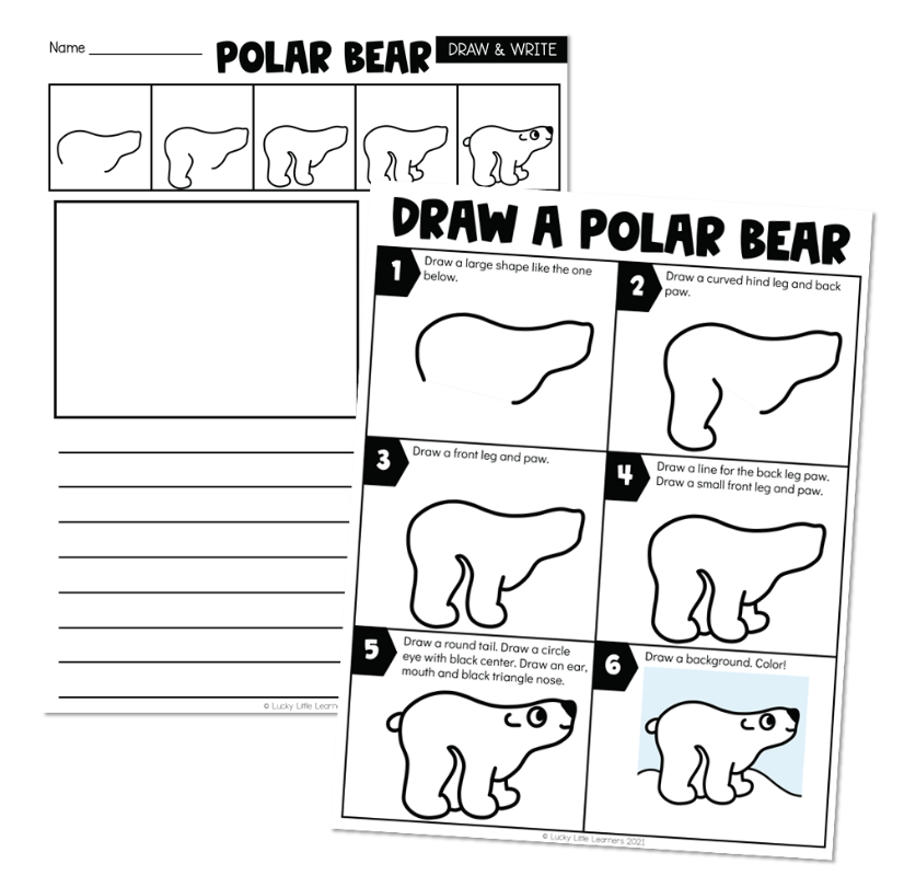 A winter art project where students follow a step-by-step guide to draw a polar bear and complete a writing prompt about it.