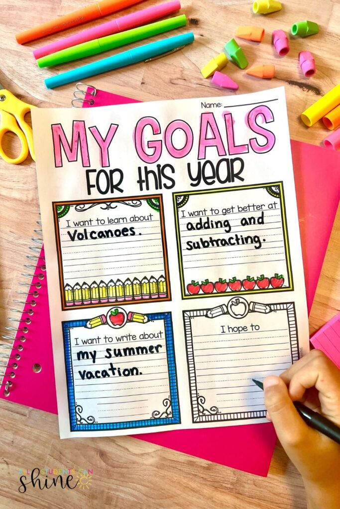 “My Goals for This Year” worksheet with spaces for students to write learning and personal goals during the first week of school.