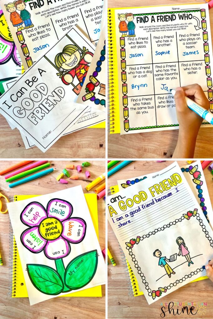 Collage of friendship-themed classroom activities for the first week of school, including “Find a Friend Who” and “I am a Good Friend” worksheets.