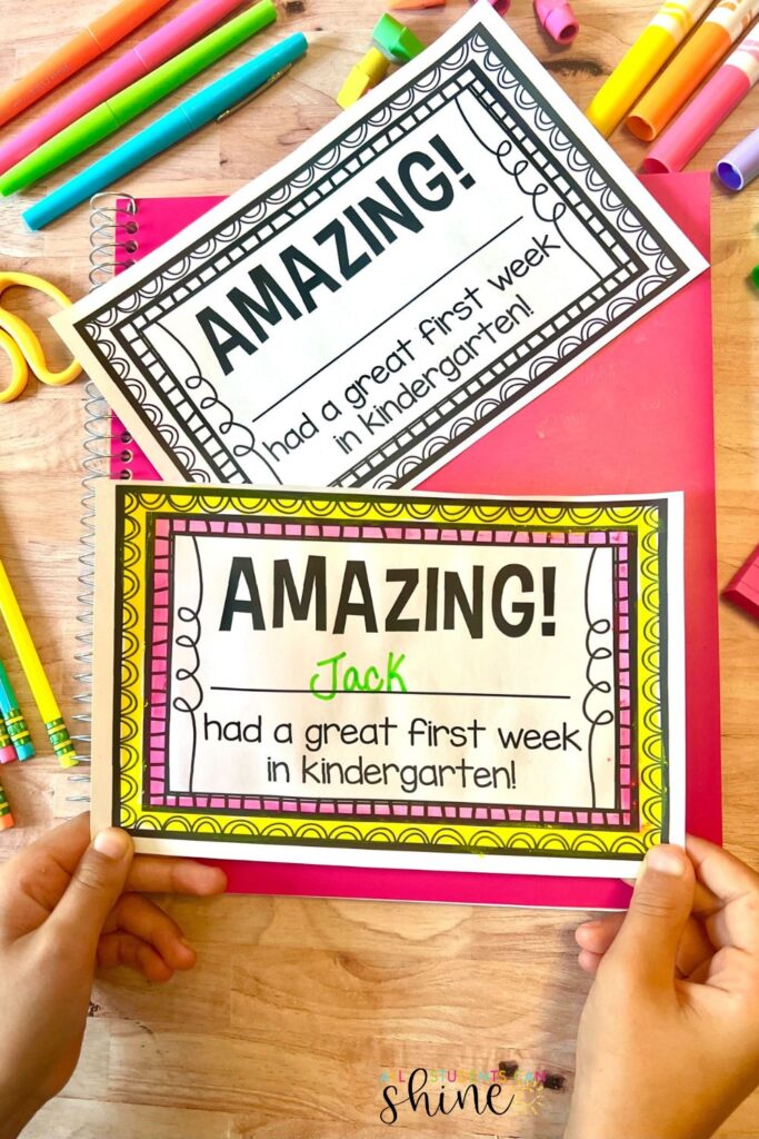Two “Amazing! Had a Great First Week in Kindergarten” certificates, one in black and white and one in color, celebrating student success.