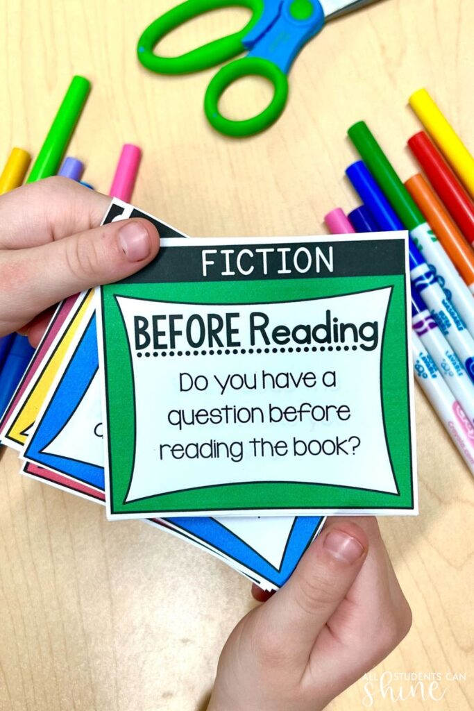     Guided reading discussion prompt cards with before, during, and after reading questions for hands on reading activities and reading comprehension practice.