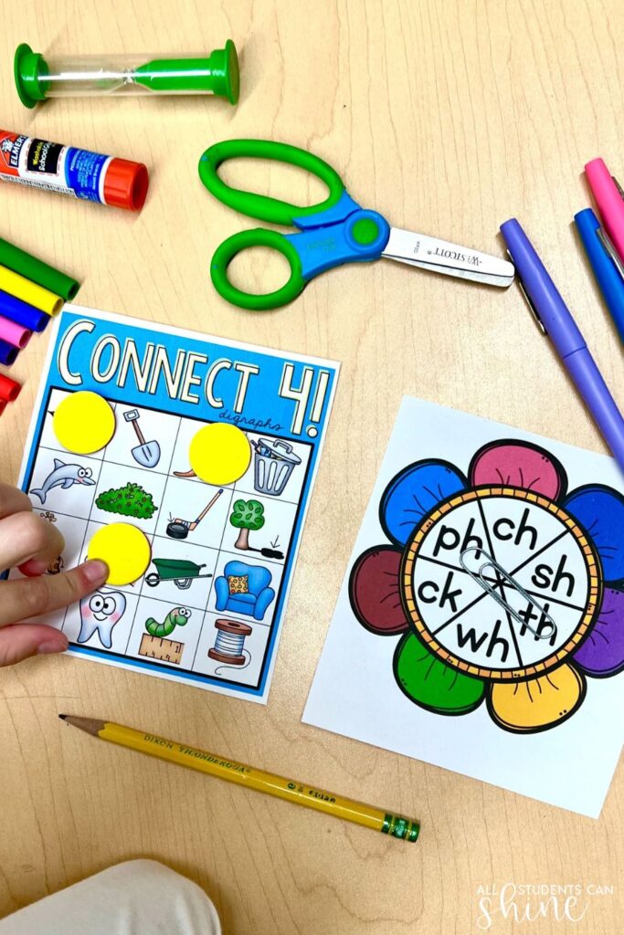     Digraph bingo and connect four literacy center with picture matching for hands on reading activities and phonics review.