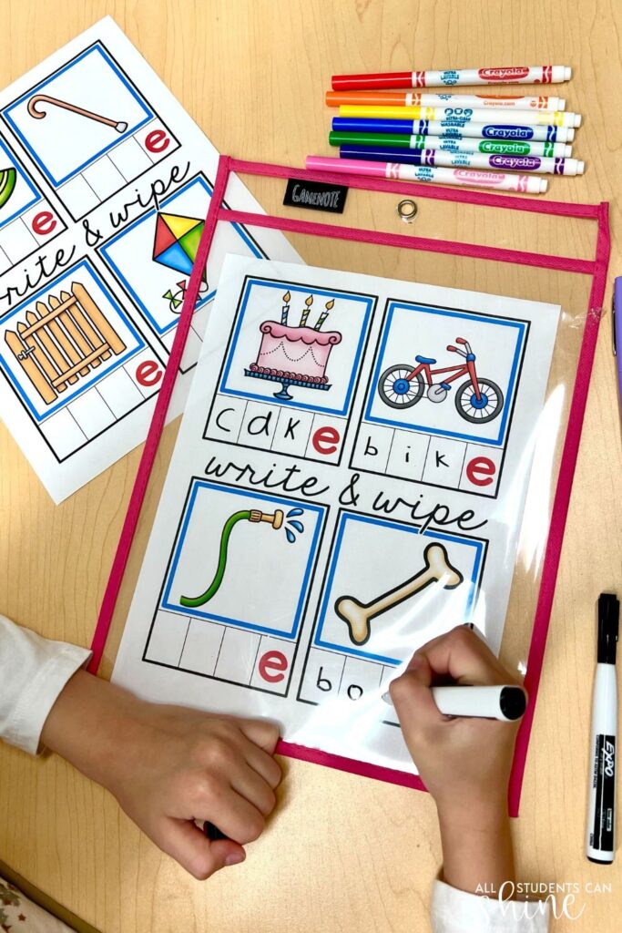     Silent e write and wipe phonics activity with long vowel word building for hands on reading activities and literacy centers.