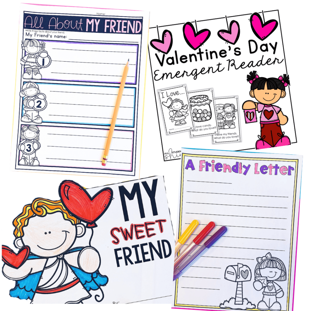 A collage showcasing multiple free friendship activities, including the "All About My Friend" worksheet, the "Valentine’s Day Emergent Reader," the "My Sweet Friend" craft, and a friendly letter template. These engaging, printable activities help young learners celebrate friendship while practicing reading, writing, and social-emotional learning skills.