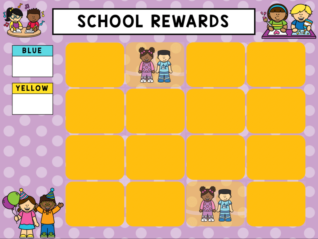 Colorful digital school rewards chart with spaces to track achievements for K-1 students.