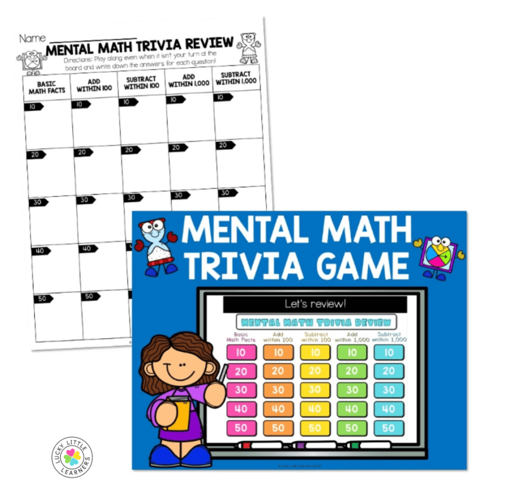 Digital mental math trivia game displayed on a screen alongside a printable score sheet for K-1 students.