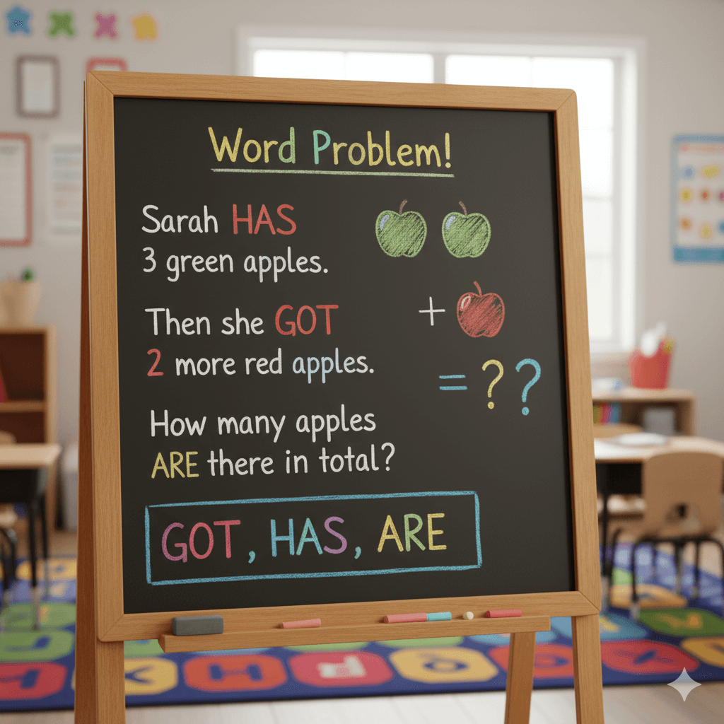 classroom anchor chart for story problems using apples and keywords like has, got, and are