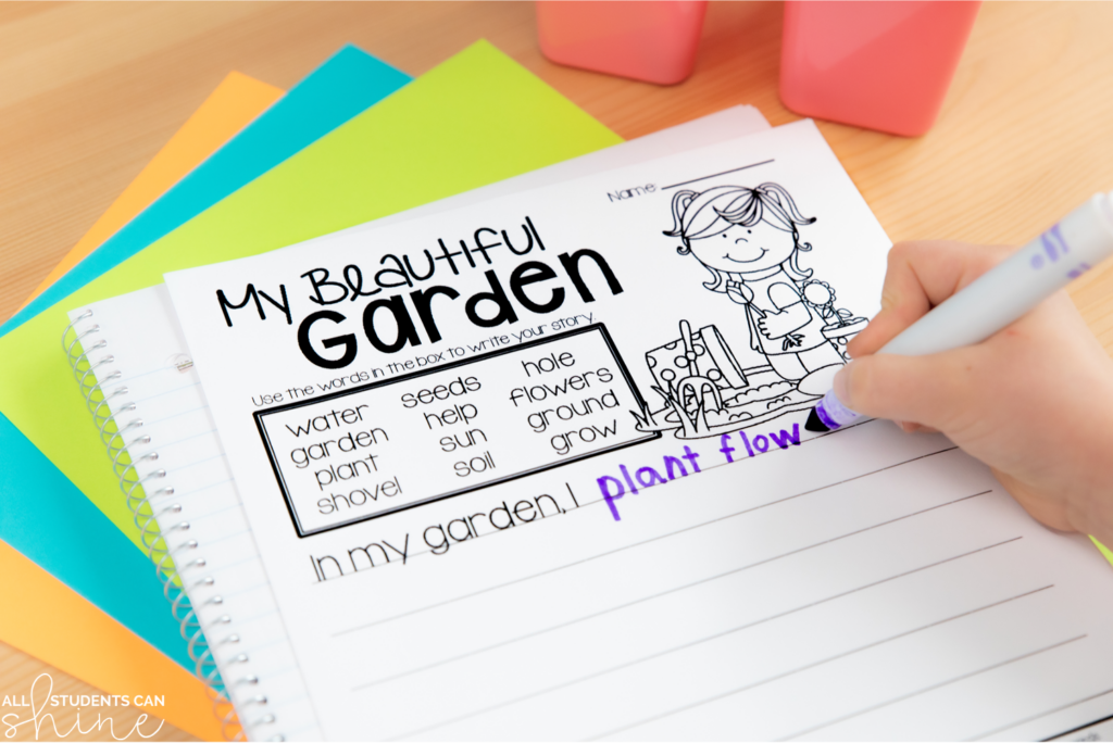 A "My Beautiful Garden" writing prompt, part of an idea list of plant activities for 1st grade