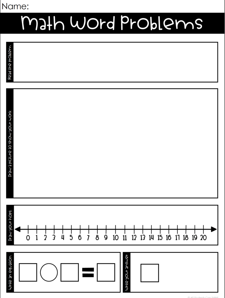 blank math story problems worksheet template with sections for drawing, number line, and equation