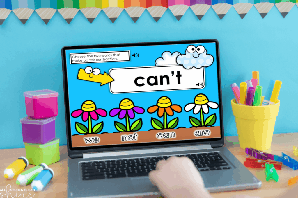 Laptop screen showing a colorful literacy game asking students to choose the two words that make up the contraction “can’t.” Digital literacy centers are a fun early finisher activity.
