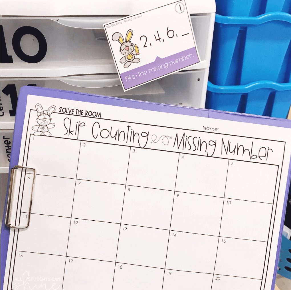 Skip counting and missing number activity sheet on a clipboard with matching task cards. Engaging math challenges like these provide meaningful practice for early finishers.