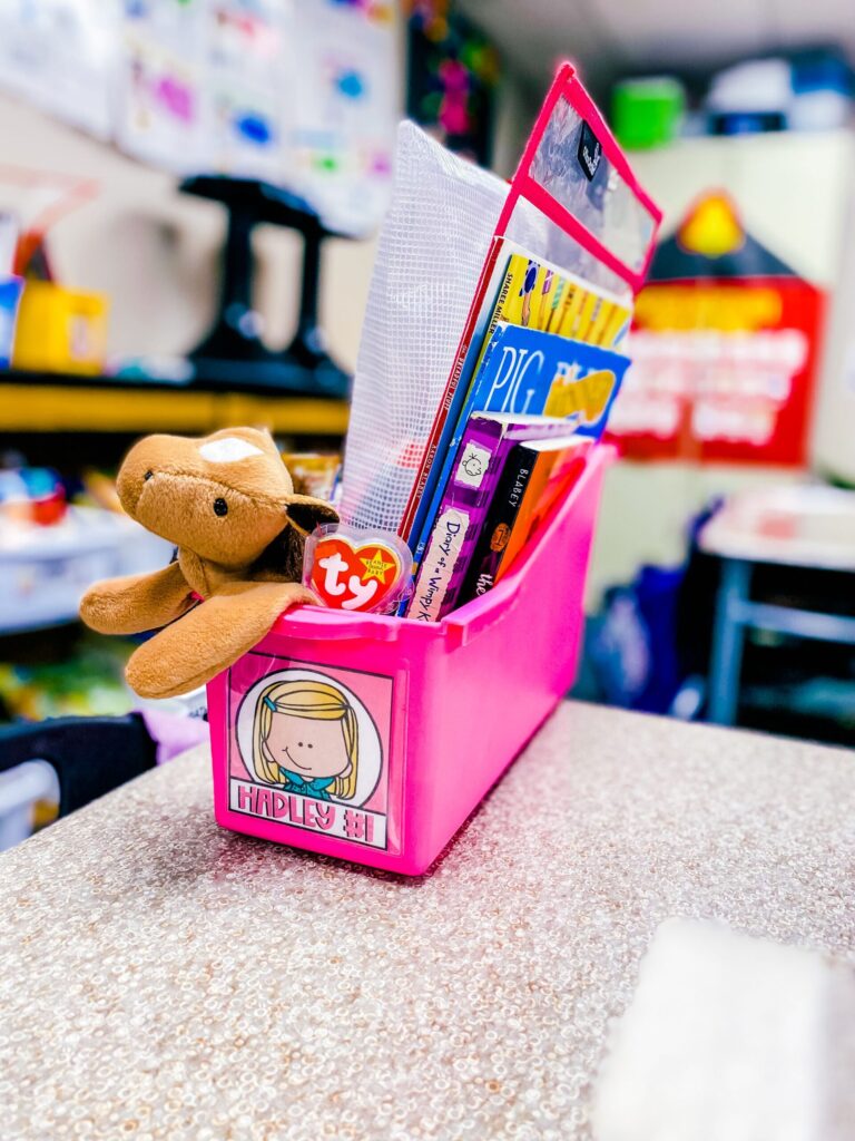 Classroom book bin labeled with a student’s name, filled with books, supplies, and a small plush toy. Independent reading bins are a go-to early finisher activity in elementary classrooms.