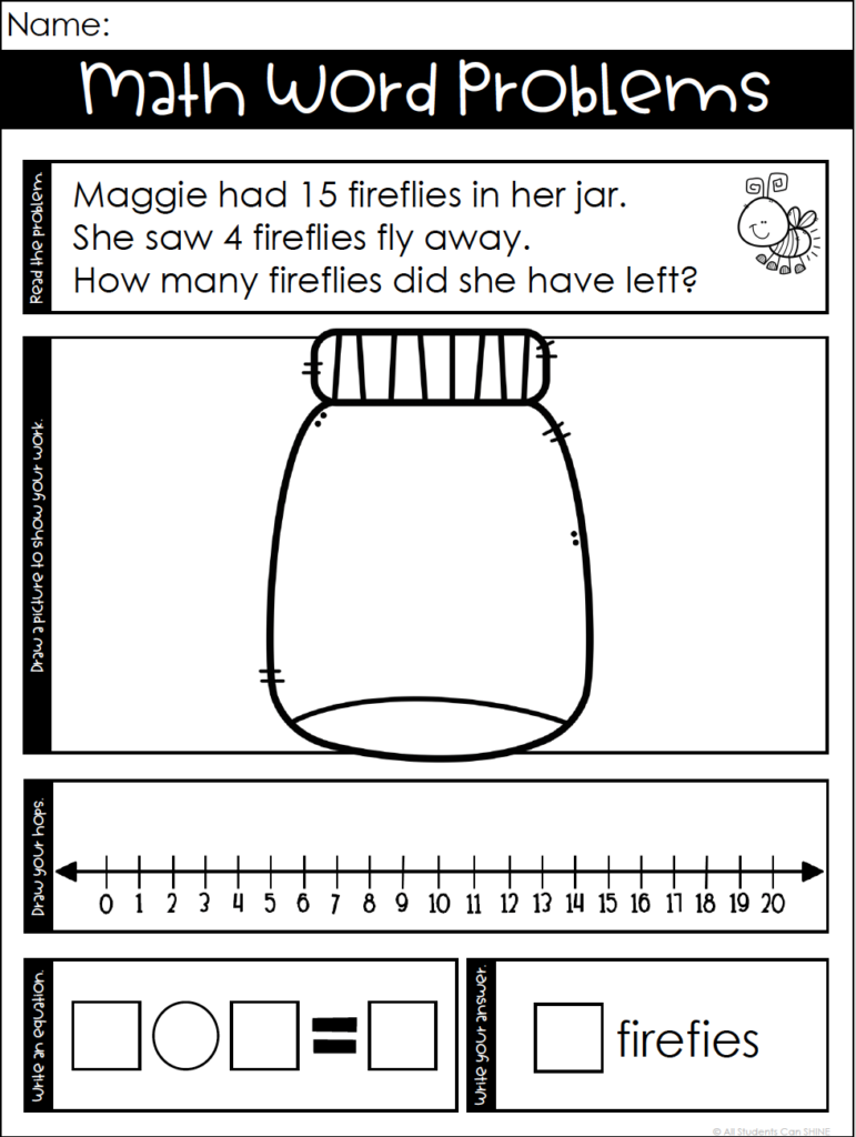 subtraction story problems worksheet with fireflies in a jar visual and number line strategy
