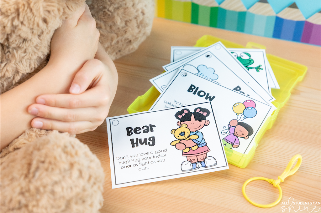 brain break task cards with bear hug activity and student holding teddy bear for classroom movement break