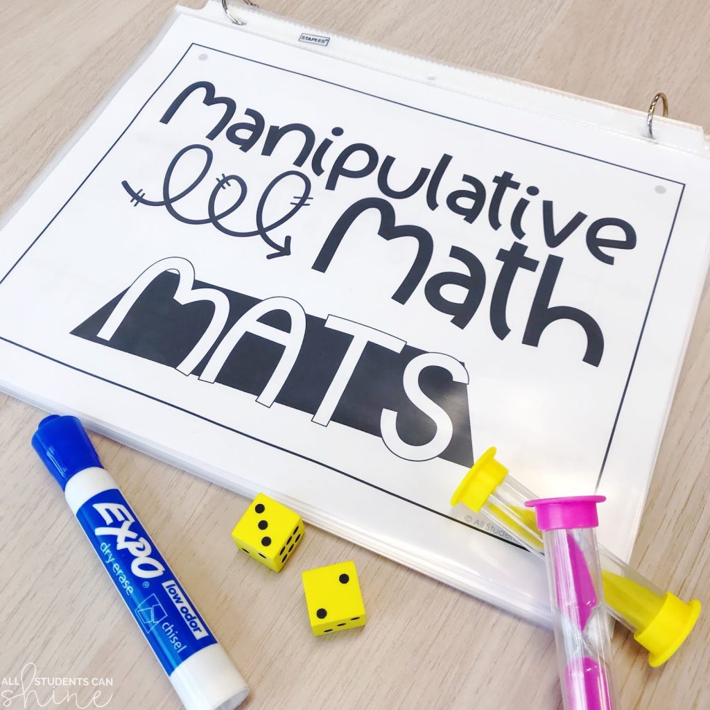 manipulatives math mats with dice, timer, and dry erase marker for interactive math centers