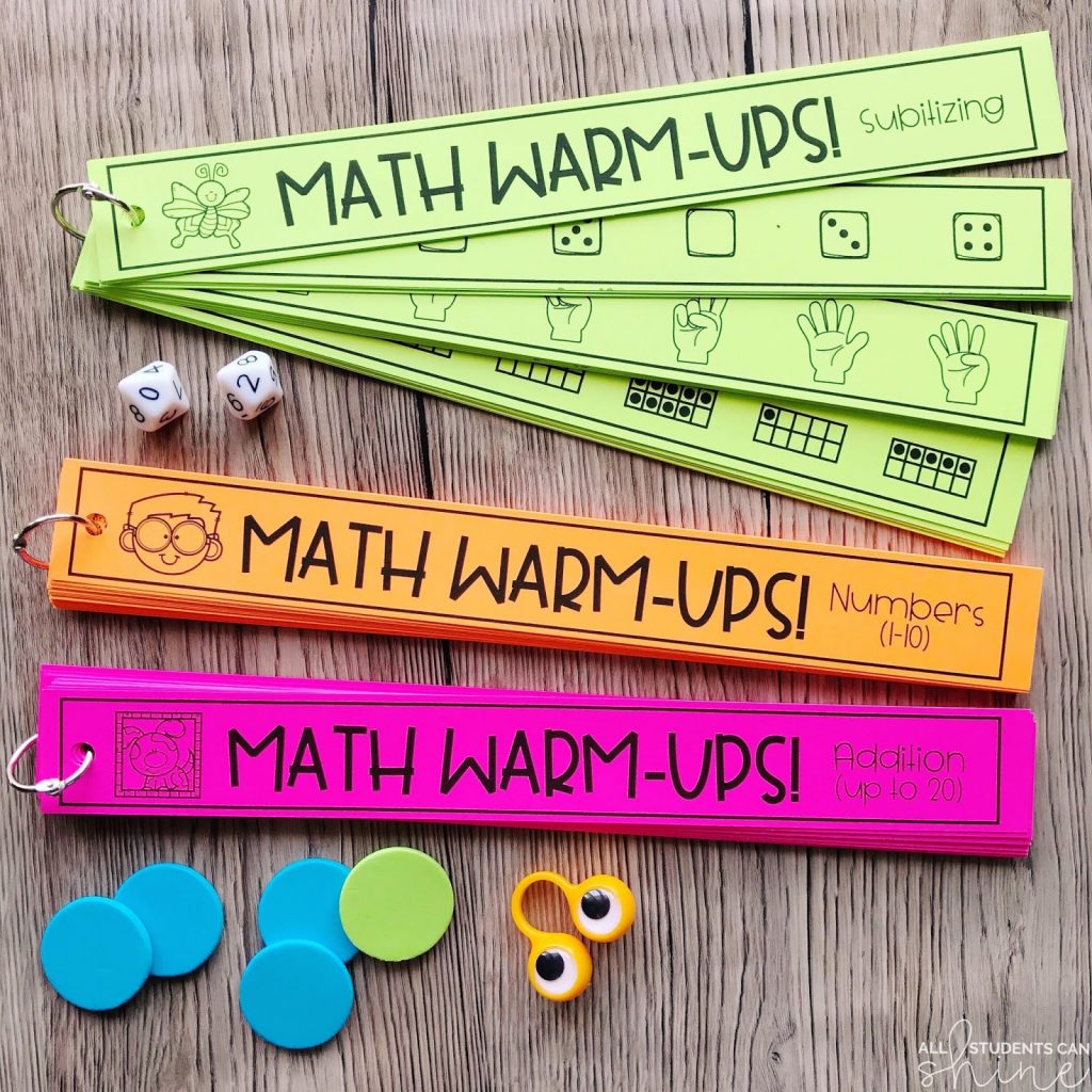 math warm-ups set including subitizing, addition, and numbers with hands-on math tools