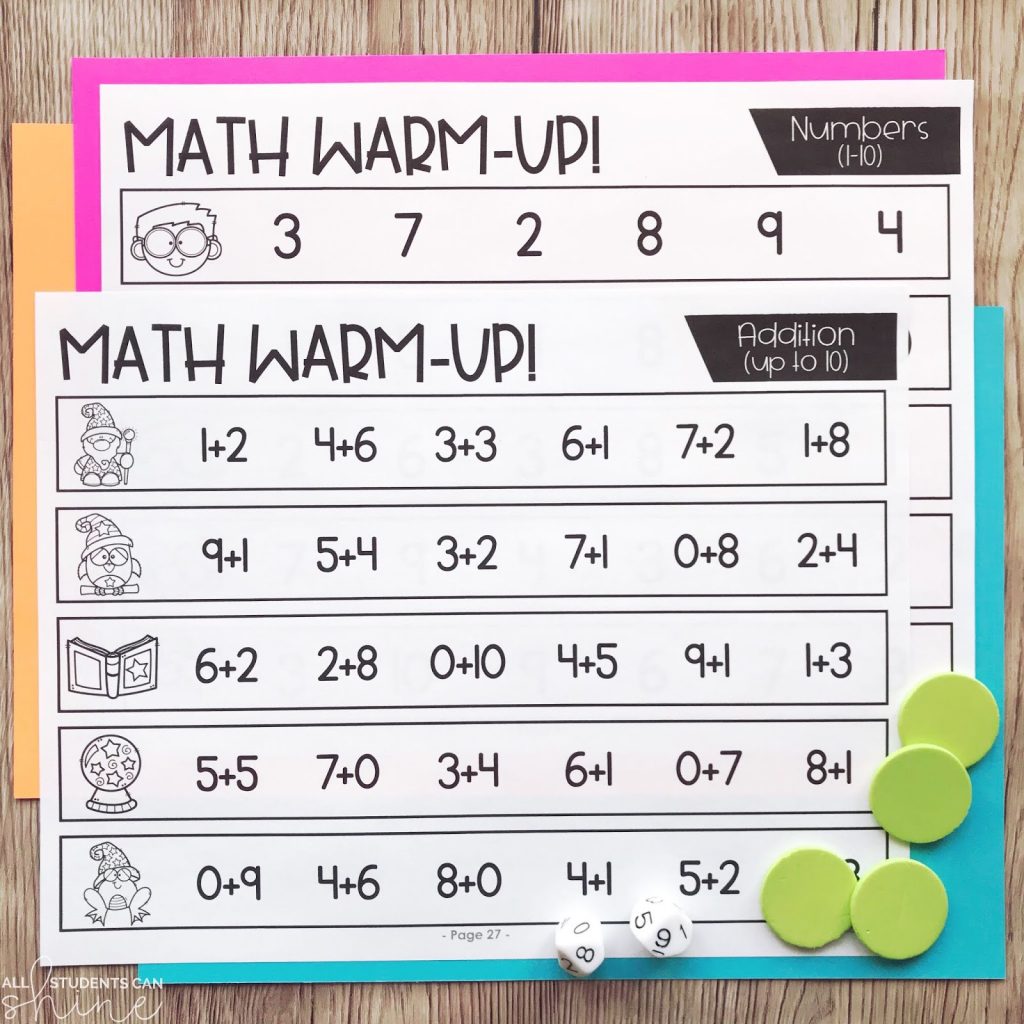 math warm-ups addition worksheets up to 10 with dice and counters for hands-on learning