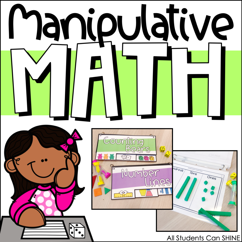 manipulatives math centers cover featuring student illustration and hands-on math materials