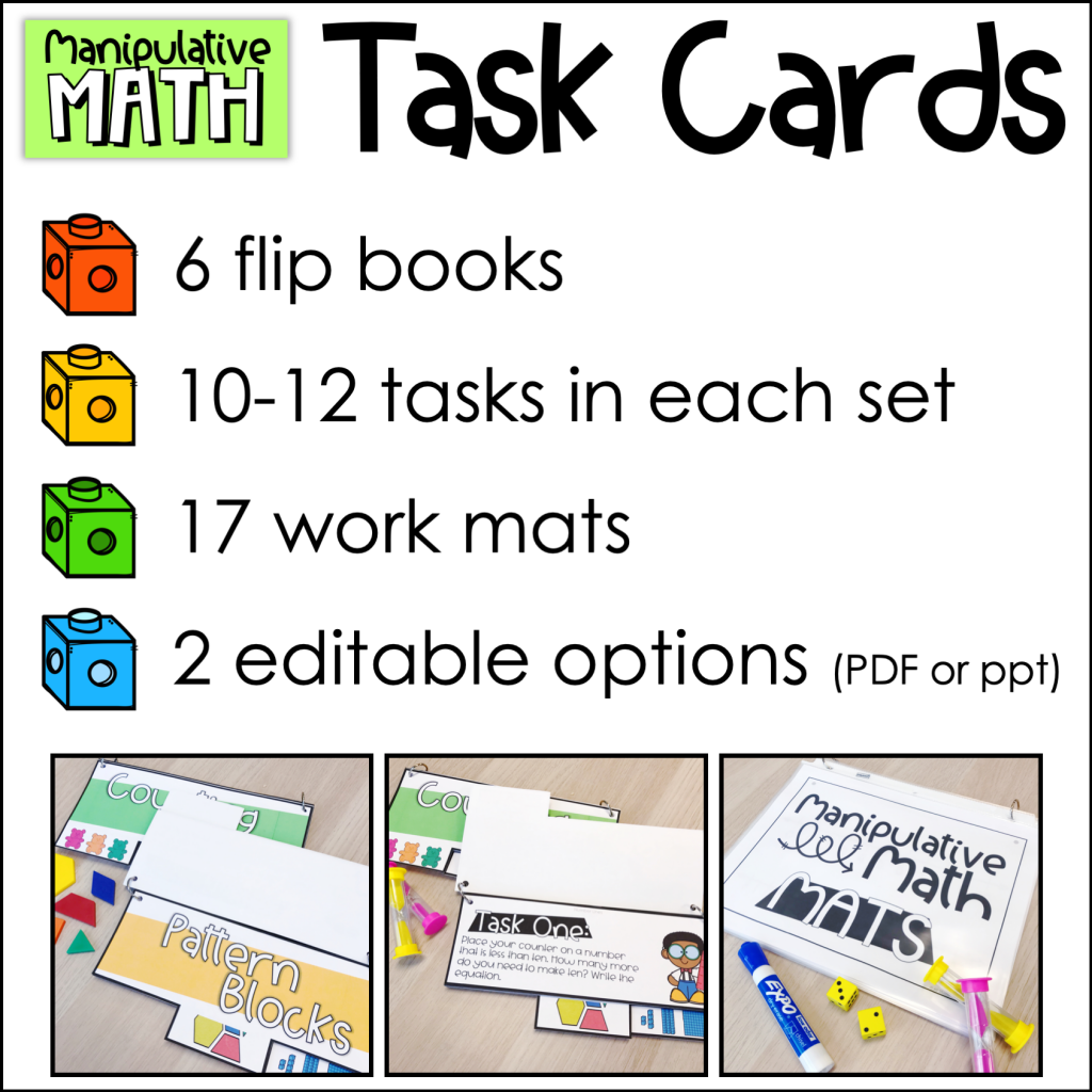 manipulatives math task cards set with flip books, work mats, and printable resources for hands-on learning