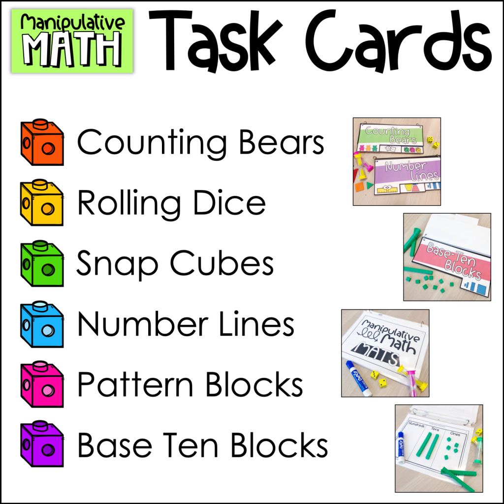 manipulatives math task cards cover showing counting bears, number lines, snap cubes, and base ten blocks