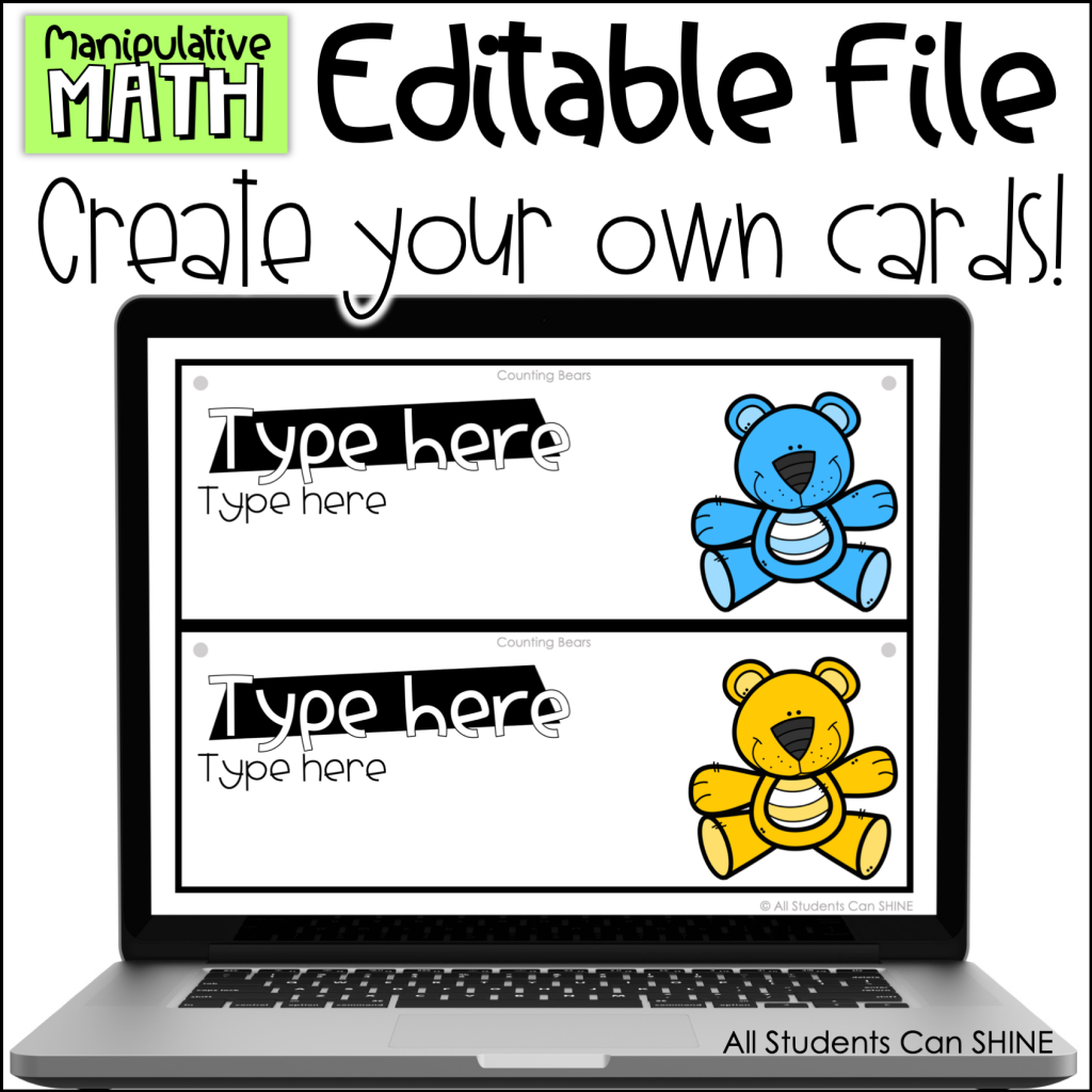 manipulatives editable task cards template displayed on laptop for creating custom math activities
