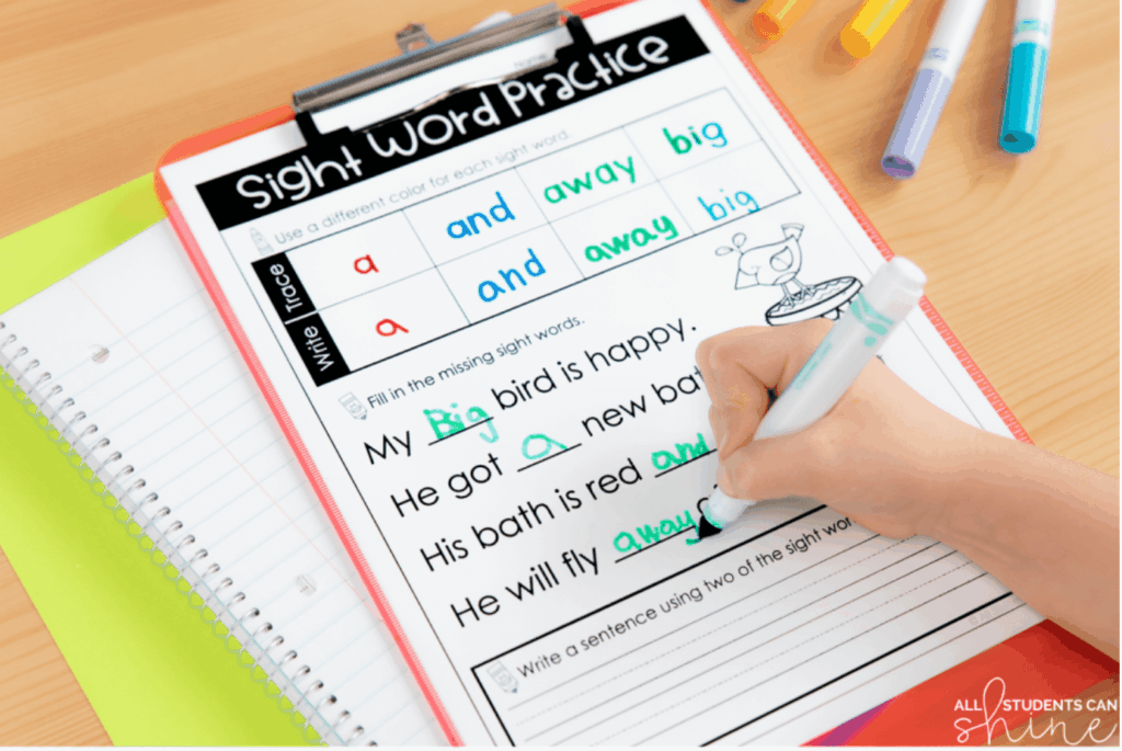 Sight word practice worksheet with trace, fill-in, and sentence writing activities for weekly teaching plans in reading fluency.