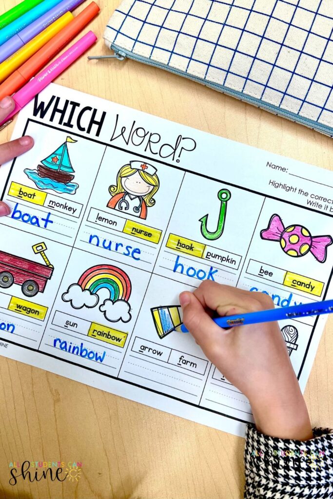 a printable phonics activity for identifying the correct word to match a picture