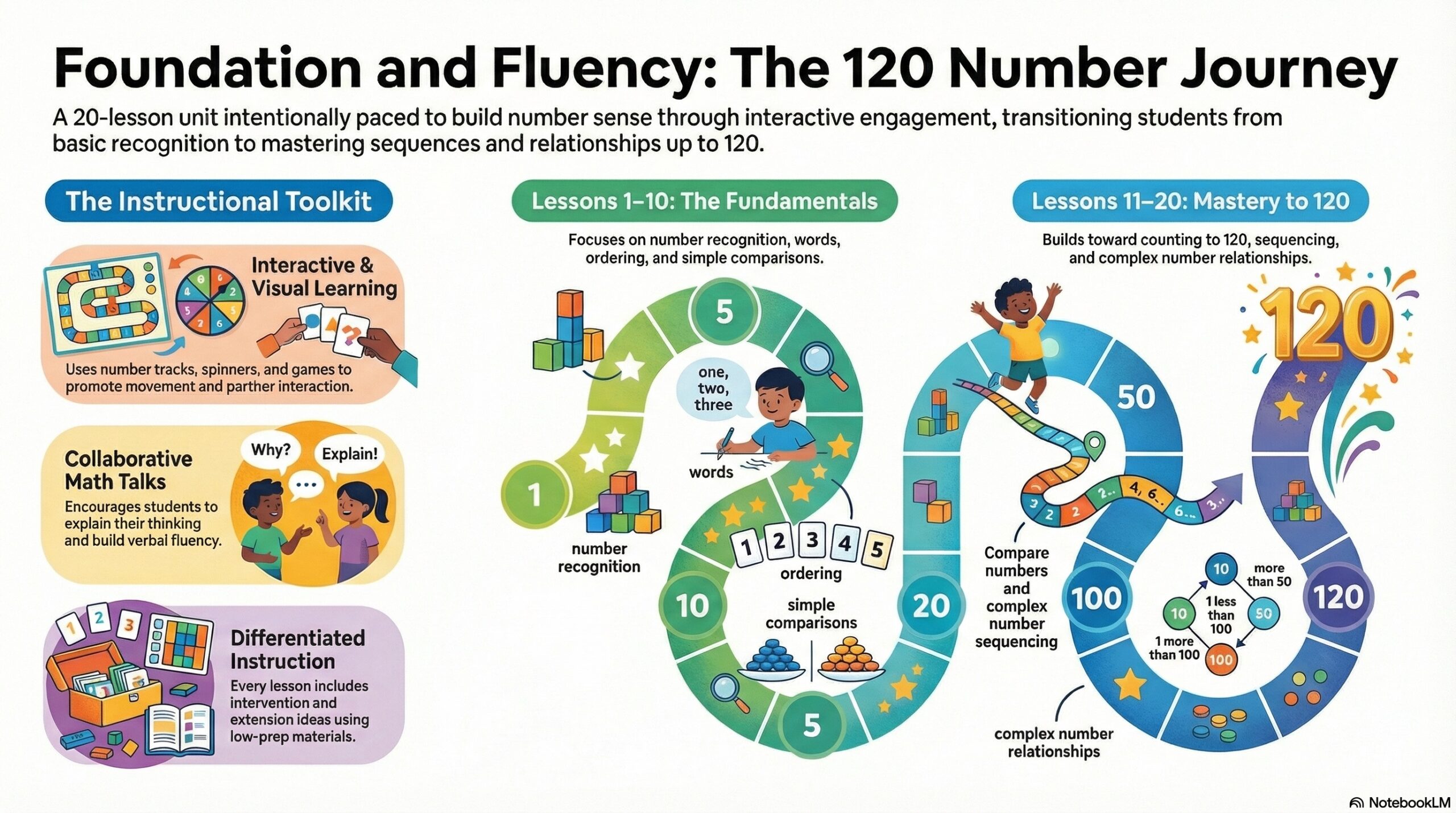 120 number journey infographic explaining how number sense develops through 20 lessons
