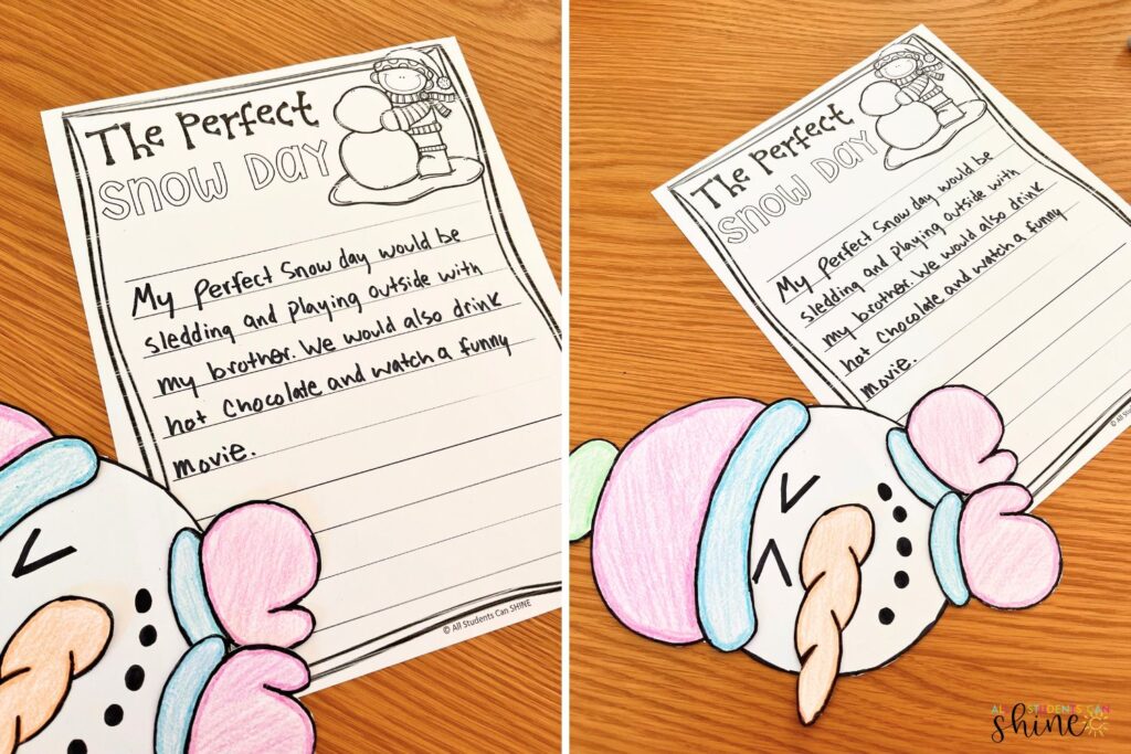 A winter writing craftivity titled 'The Perfect Snow Day,' featuring a student’s handwritten response about sledding, drinking hot chocolate, and watching a movie. The activity includes a cut-and-color snowman with pink and blue mittens, a carrot nose, and a cozy winter hat, peeking over the writing page. This engaging winter craftivity encourages creativity and storytelling in the classroom.