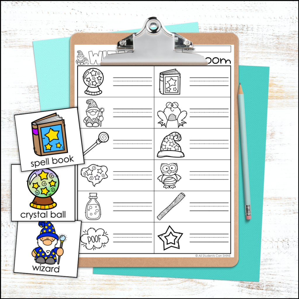 Wizard-themed Read the Room worksheet with matching picture word cards for students to find and write around the classroom.