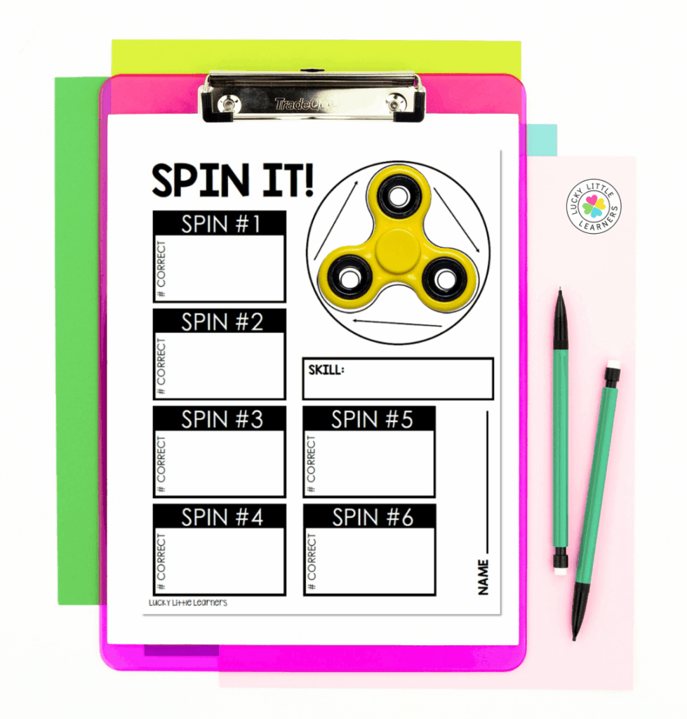 Classroom fidgets activity sheet showing how students use fidget spinners to record and predict spin outcomes in a math lesson.