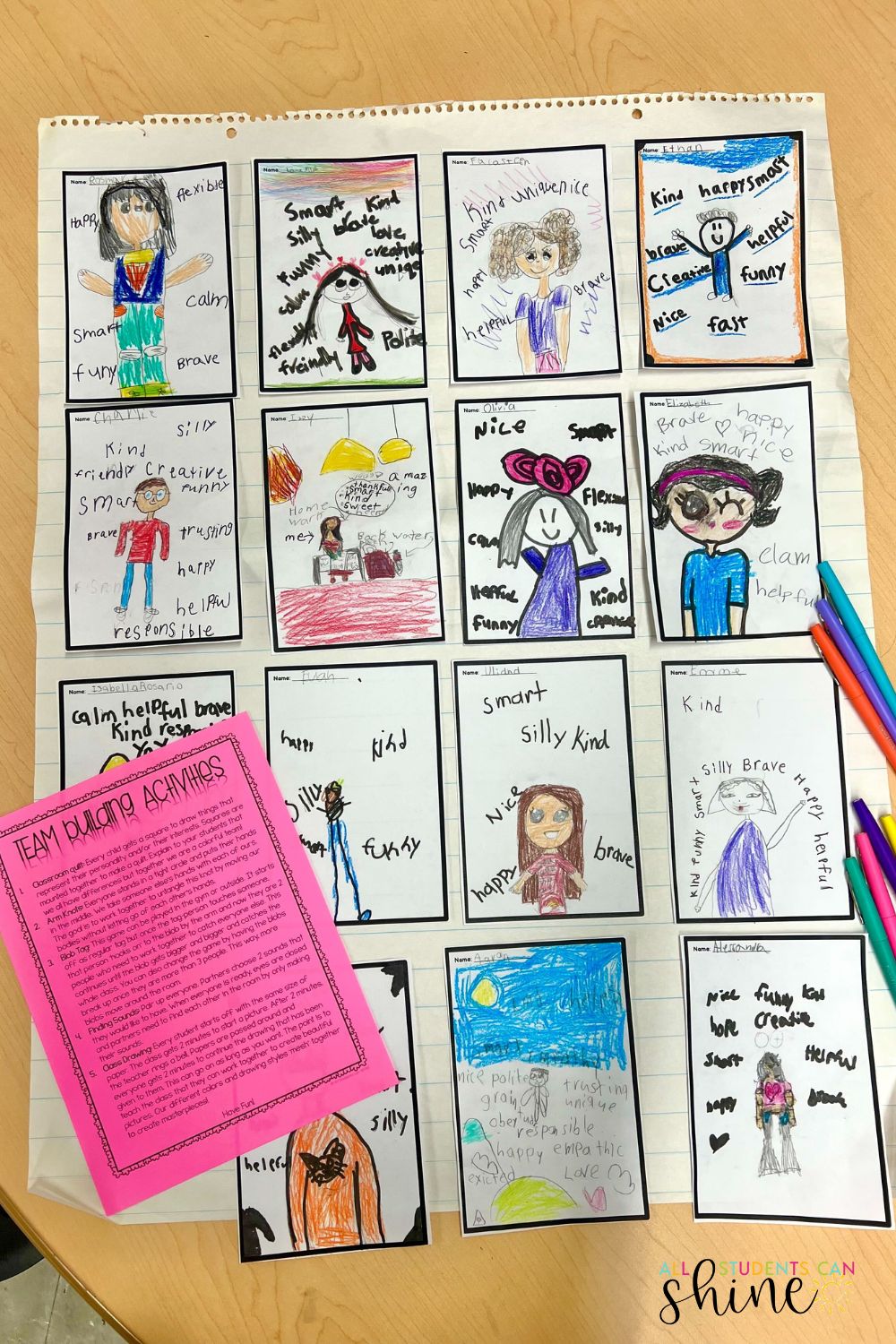 Team-building classroom activity for early learners. A collection of student-drawn self-portraits with positive character traits written around each figure is displayed on a large sheet of paper. A pink instruction sheet labeled 'Team Building Activities' and colorful markers are on the table. A creative social-emotional learning project for elementary students.