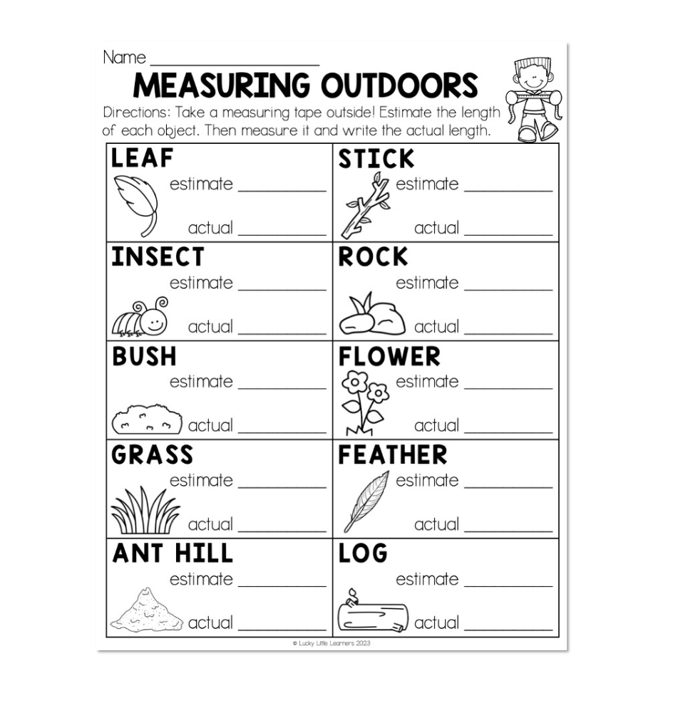 Outdoor learning worksheet titled “Measuring Outdoors,” where students estimate and measure the lengths of items like leaves, rocks, flowers, and logs.