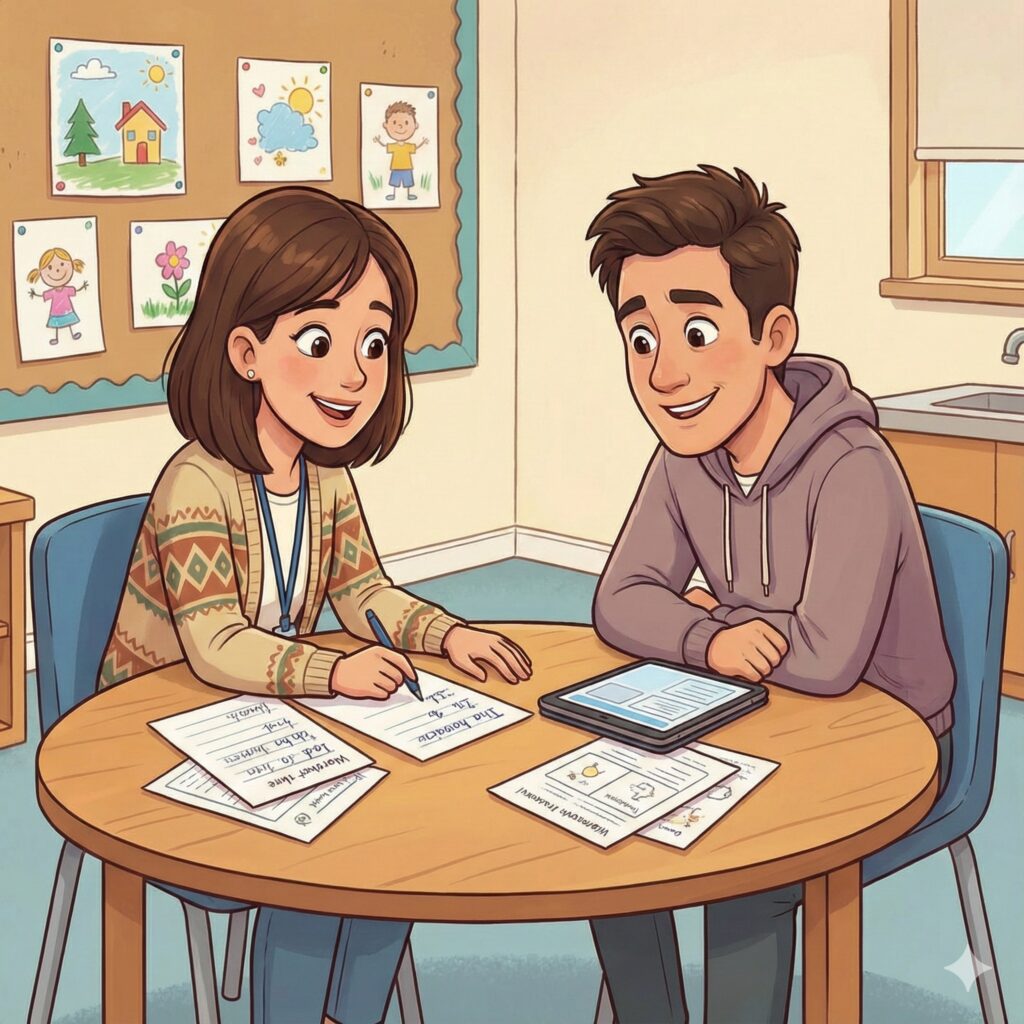 Teacher and parent sitting together at a table during a conference, reviewing student notes and progress documents, modeling a calm and respectful example of how to talk to parents about student growth and learning goals.