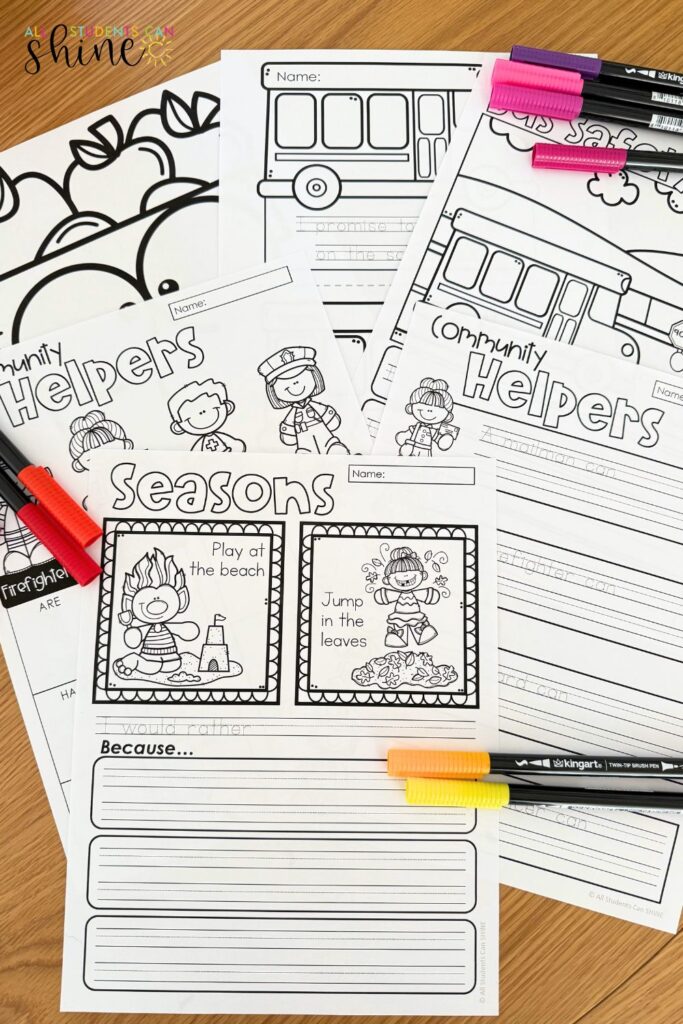A set of monthly writing center worksheets featuring community helpers and seasons, allowing 2nd-grade students to write and reflect on different seasonal activities and community roles.

