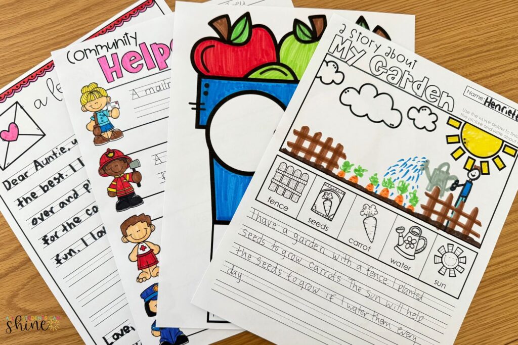 A collection of 2nd-grade writing worksheets, including "My Garden" and "Community Helpers" themed pages, engaging students in writing about gardens, helpers, and personal experiences.