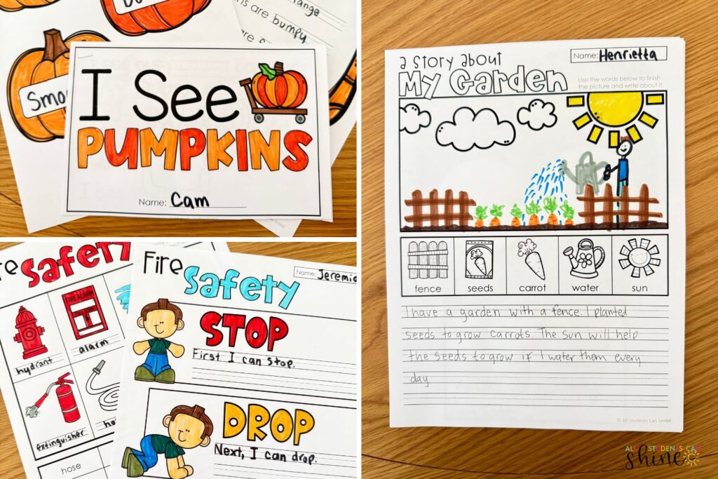 A variety of themed writing center activities for October, including "I See Pumpkins" and "Fire Safety," promoting creative writing and vocabulary skills through hands-on prompts.