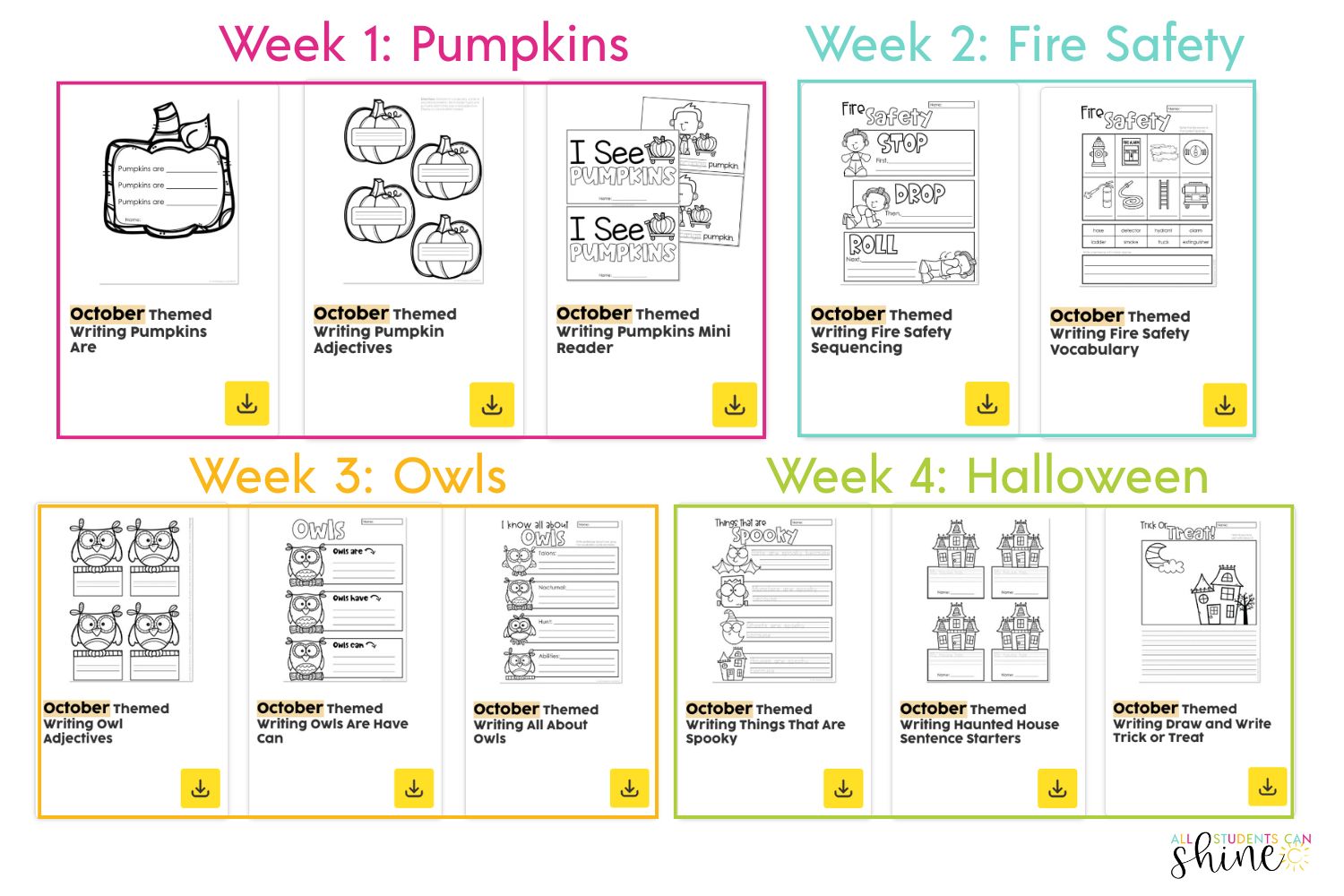 A visual of weekly writing center activities for October, including themes such as pumpkins, fire safety, owls, and Halloween, designed to engage 2nd-grade students in writing practice.